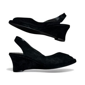 J Jill Black Leather Slingback Wedge Shoes Size 8 Comfort Suede Sandals